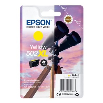 Cartucho tinta Epson amarelo 502XL para impressoras, embalagem com selo Epson