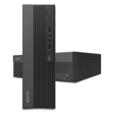 Computador compacto preto ZOLYD com várias portas e botões na frente