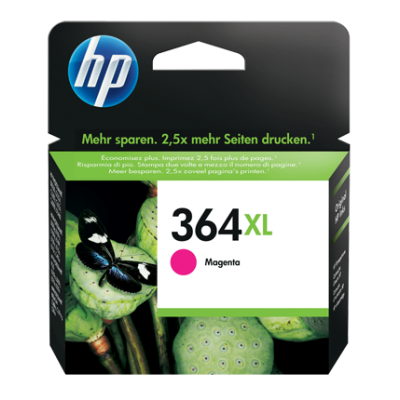 Embalagem de tinteiro HP 364XL magenta com borboleta e folhagem