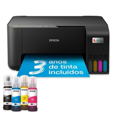 Impressora Epson EcoTank preta com frascos de tinta e papel azul a sair com texto