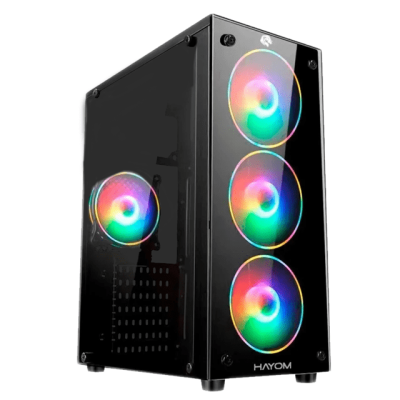 Torre de computador preta com luzes RGB e painel lateral de vidro temperado