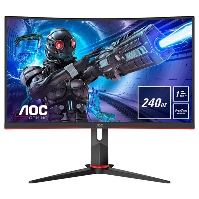 Monitor curvo AOC Gaming com imagem de robô e textos 240 HZ, 1 MS, FreeSync PREMIUM