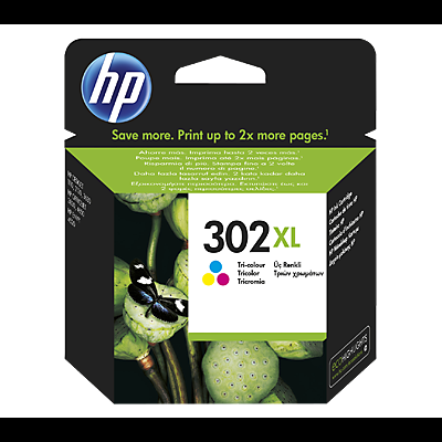 Embalagem preta de cartucho de tinta HP 302 XL Tri-colour com detalhes verdes e imagem de plantas.