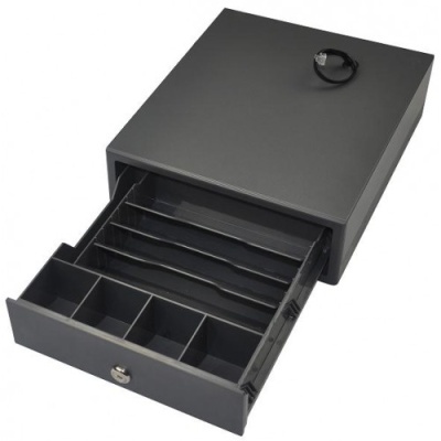 Gaveta de caixa registradora metálica preta aberta com divisórias para dinheiro