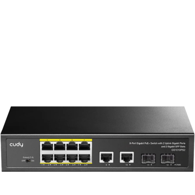 Switch de rede preto Cudy com múltiplas portas e slots.