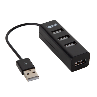 Hub USB preto com quatro portas e cabo USB