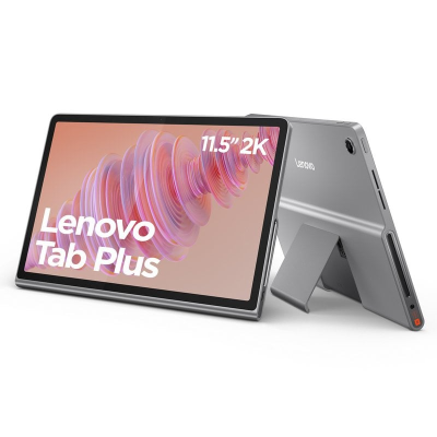 Dois tablets Lenovo Tab Plus prateados, ecrã 11,5 polegadas 2K com suporte de apoio
