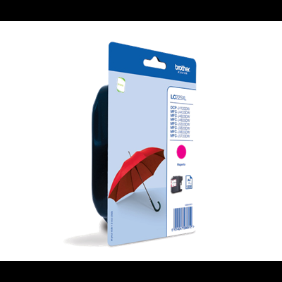 Fita magenta Brother em embalagem azul e branca com guarda-chuva vermelho