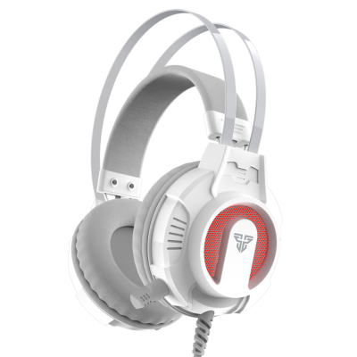 Headphones grandes circumaurais brancos com detalhes vermelhos e microfone