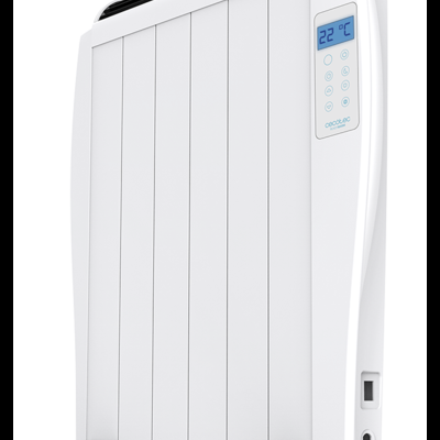 Aquecedor elétrico branco com painel digital azul e pés largos