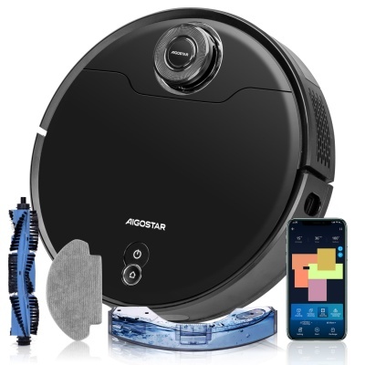 Robô aspirador de pó preto Aigostar com acessórios e smartphone com app