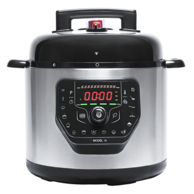 Panela de pressão elétrica cinza com painel digital e pega preta