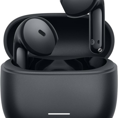 Auriculares sem fios pretos com estojo de carregamento preto.