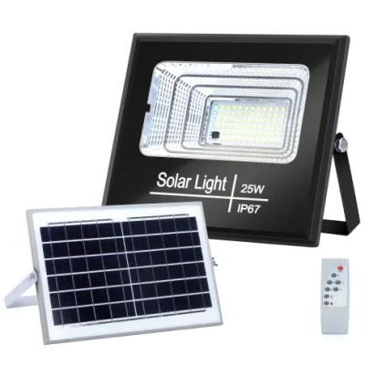 Refletor LED solar preto com painel solar e comando à distância
