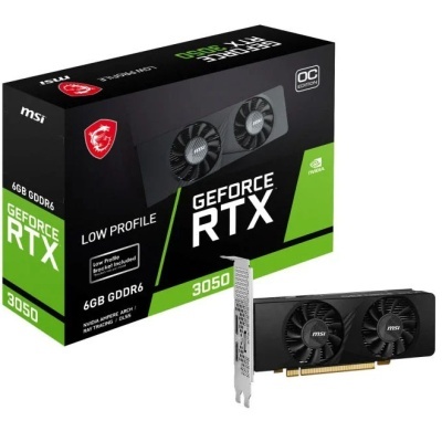 Placa gráfica MSI GeForce RTX 3050 ao lado da caixa preta e verde