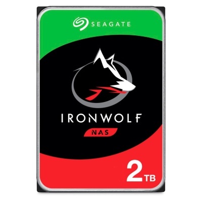 Disco rígido Seagate IronWolf NAS 2TB com design em preto, verde e vermelho
