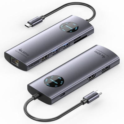 Hub USB tipo C metálico cinza escuro com múltiplas portas e texto 4K 60HZ MST Docking Station