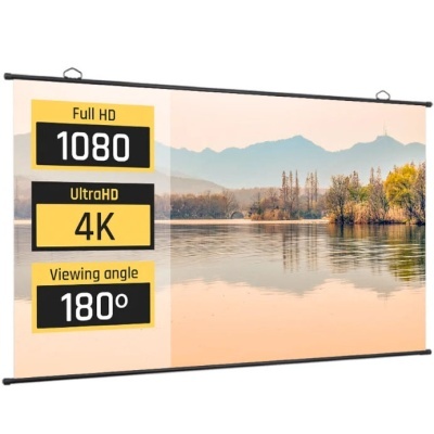 Ecrã de projeção com imagem de lago e texto indicativo de resolução e ângulo de visão