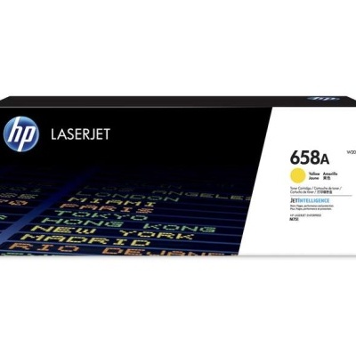 Caixa de toner HP LaserJet 658A amarela com design preto e branco.