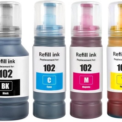 Frascos de tinta para recarga nas cores preto, ciano, magenta e amarelo