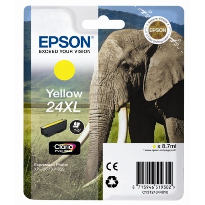 Embalagem de tinteiro Epson amarelo 24XL com imagem de elefante e selo Genuine Epson