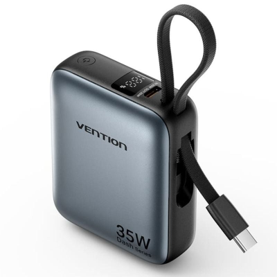Carregador portátil cinza Vention 35W com display LED e cabo USB-C integrado