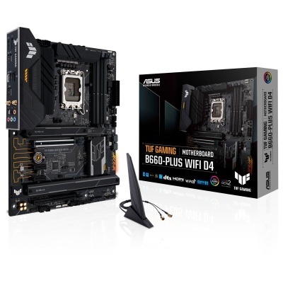 Placa-mãe ASUS TUF GAMING B660-PLUS WIFI D4 com antena e caixa de produto