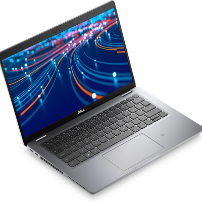 Portátil Dell cinza com teclado preto e ecrã com imagem abstrata azul e laranja