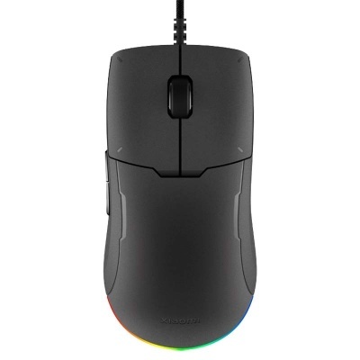 Rato preto com iluminação RGB e texto Xiaomi na base