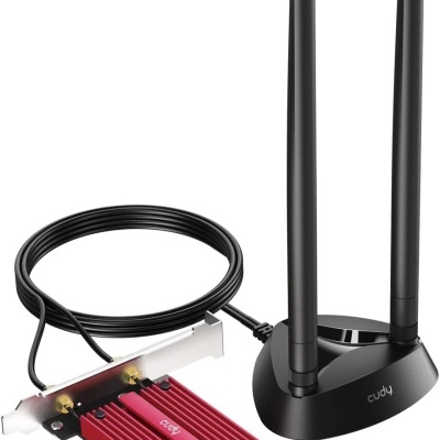 Placa de rede PCI Express vermelha com duas antenas pretas e cabo