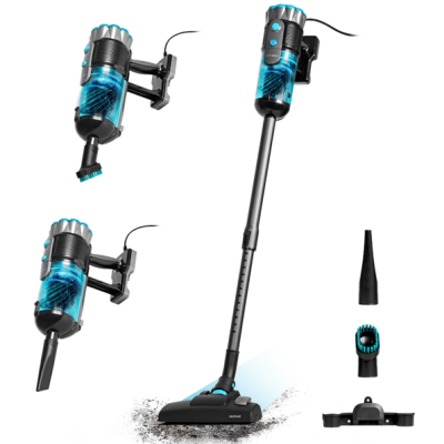 Aspirador vertical sem fios azul e preto com acessórios