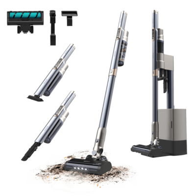 aspirador vertical sem fios cinzento com acessórios e estação de carregamento