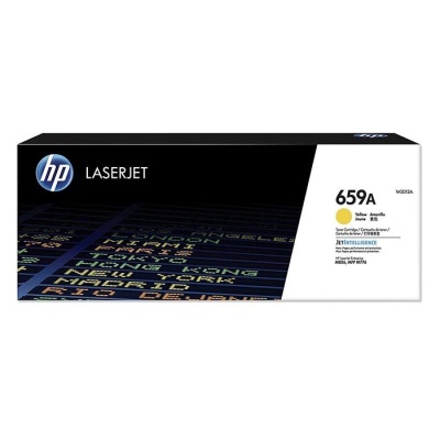 Caixa de toner HP LaserJet 659A Amarelo com design preto e branco e texto colorido