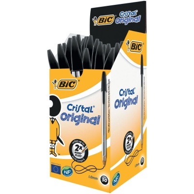 Caixa de 50 esferográficas BIC Cristal Original preta com escrita em amarelo e branco