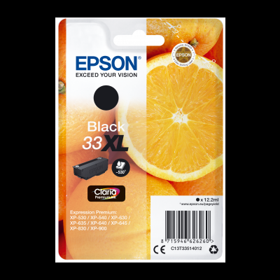 Embalagem de cartucho de tinta preta Epson 33 XL com imagem de uma laranja cortada