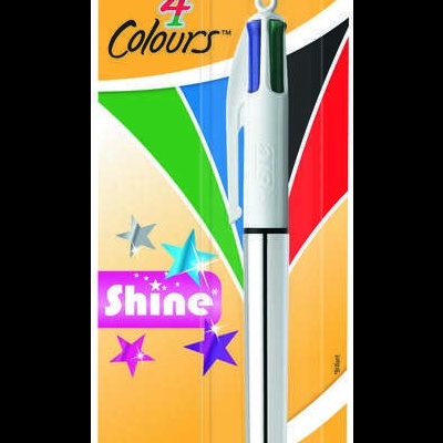Caneta BIC 4 Colours Shine em embalagem laranja com corpo branco e múltiplas cores.