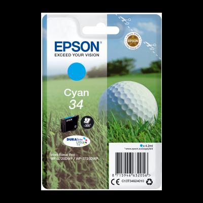 Cartucho de tinta Epson Cyan 34 com design de campo de golfe na embalagem