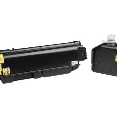 Toner preto e recipiente de manutenção em plástico preto com etiquetas de aviso