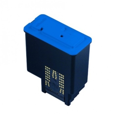 Cartucho de tinta preto com tampa azul e contactos dourados