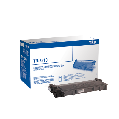 Cartucho de toner Brother TN-2310 embalado, texto branco e azul, com cartucho preto