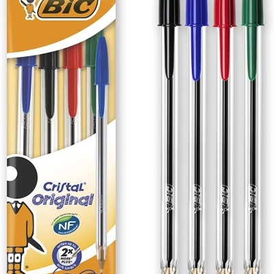Conjunto de quatro canetas Bic Cristal Original coloridas embaladas