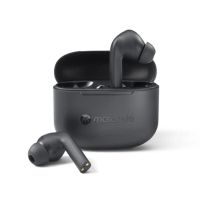 Auriculares sem fios Motorola pretos em estojo de carregamento preto