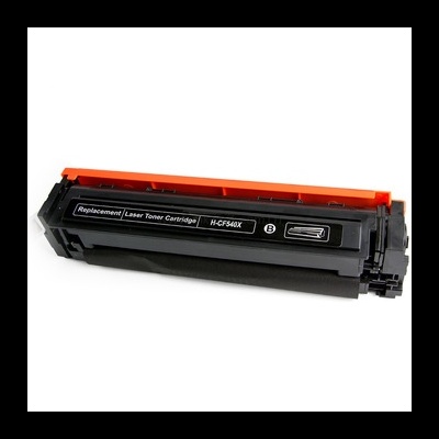 Cartucho de toner preto para impressora laser com tampa laranja e etiqueta de identificação.