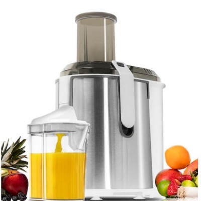 Espanador de sumo em inox com recipiente transparente e frutas