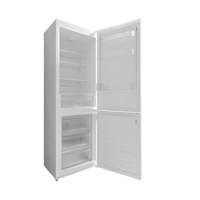 Frigorífico branco com duas portas abertas mostrando prateleiras e gavetas