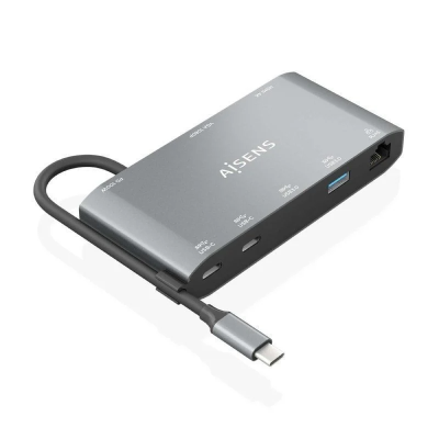Hub USB-C cinza AiSENS com múltiplas portas e cabo integrado USB-C