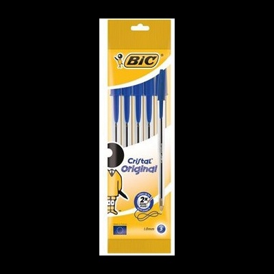 Este conjunto de esferográficas BIC Azul mostra cinco canetas com corpo transparente e tampa azul numa embalagem amarela.