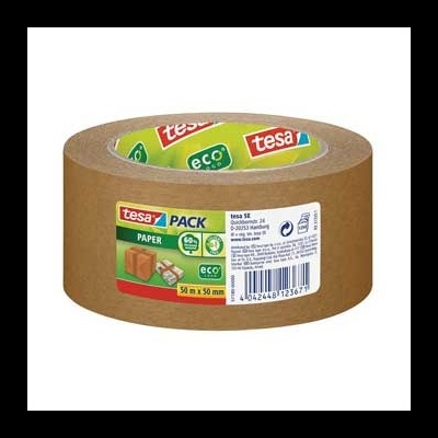 Fita adesiva de papel castanha tesa PACK com etiquetas ecológicas e código de barras.