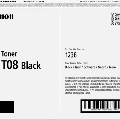 Caixa branca de toner Canon T08 Black com texto em preto