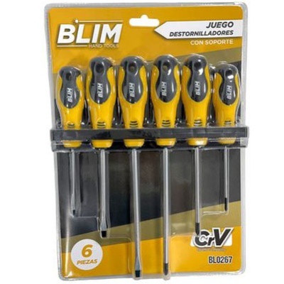 Conjunto de 6 destornilladores BLIM com cabo preto e amarelo em suporte transparente